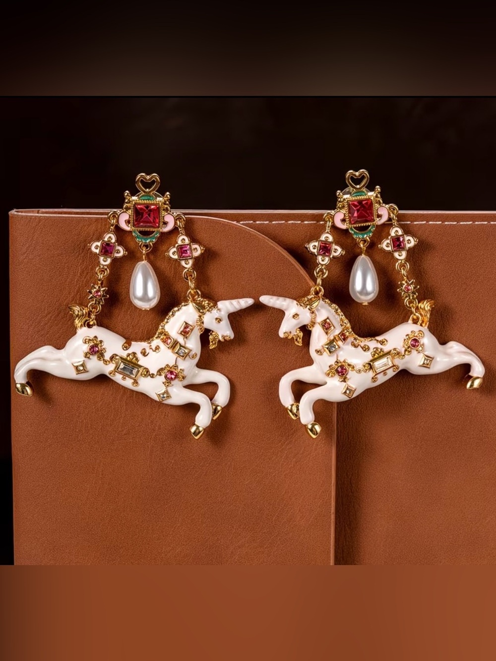 NWT Gold-Tone White Unicorn Drop Earrings with Pink Accents, Statement Earrings